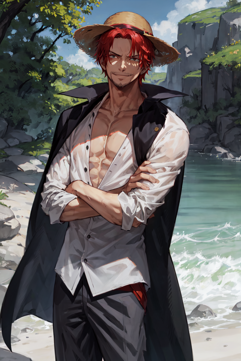 00310-1895193982-, Shnks, solo, looking at viewer, smile, short hair, shirt, 1boy, standing, white shirt, weapon, male focus, red hair, open clot.png